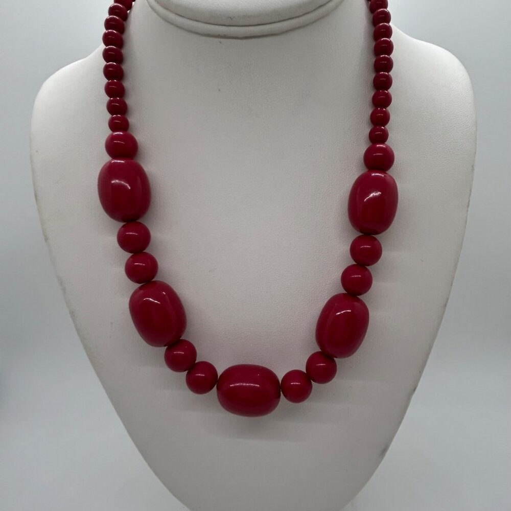 Pink Acrylic Beaded Necklace Oval Round Beads Glow Under UV Light 20" Statement - Picture 9 of 13